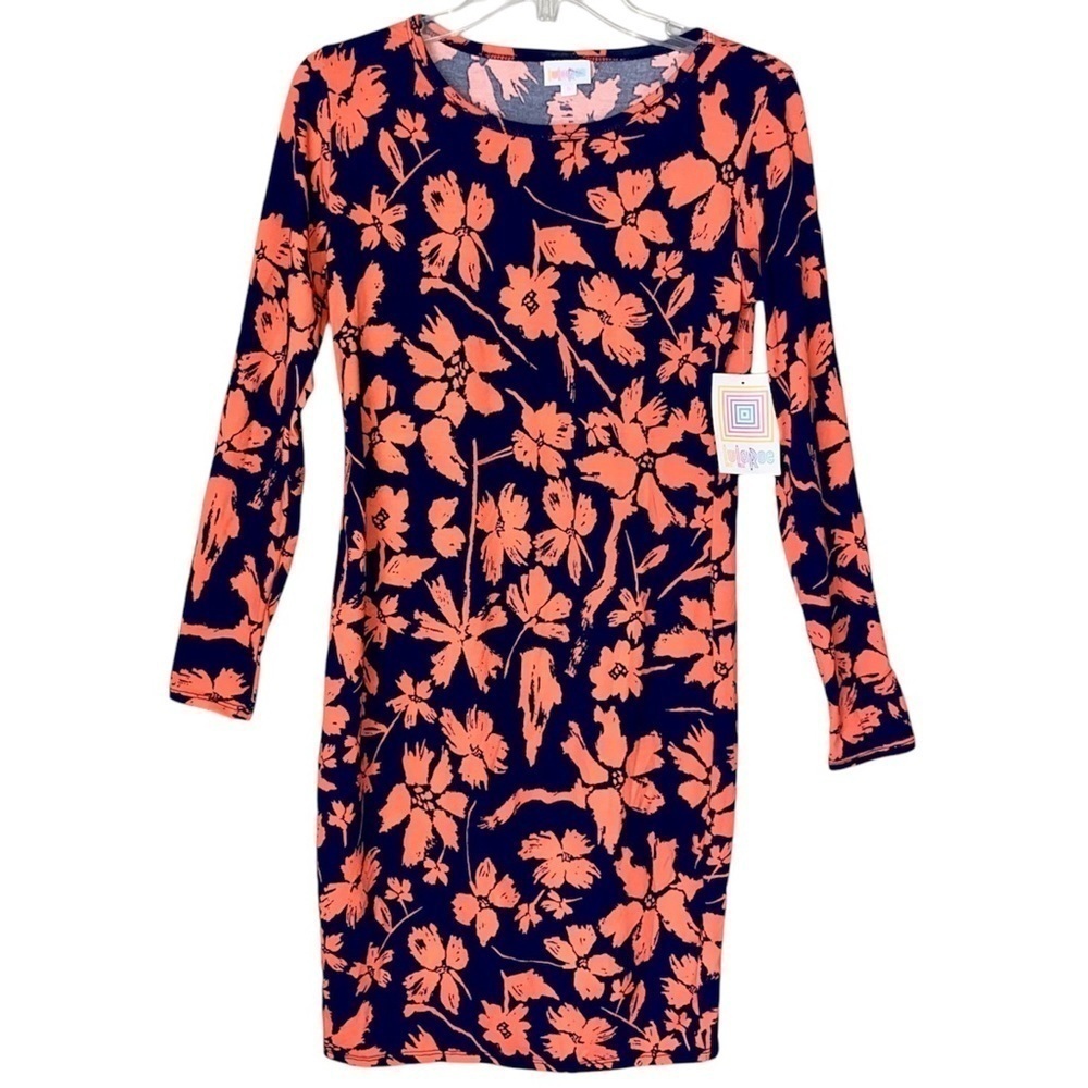 LULAROE Debbie Dress Fitted Long Sleeve Blue/Coral Floral Women's Size S NWT